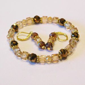 Handmade Brown Glass Beaded Stretch Bracelet & Matching Earrings - 7.5"
